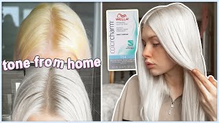 HOW TO TONE PLATINUM BLONDE HAIR AT HOME  Wella T14  bye yellowbrassy tones [upl. by Eelsew42]