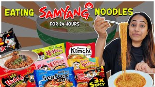 Eating all Flavors of SAMYANG BULDAK Noodles for 24 Hour  Food Challenge [upl. by Imarej]