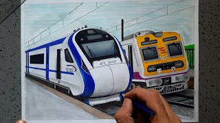 Drawing a train  Vande Bharat express crossing Mumbai local train  EMU Special 🔥🔥 [upl. by Oirevlis]