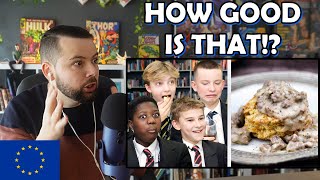 European Reacts to British Highschoolers Try Biscuits and Gravy for the First Time [upl. by Dick790]