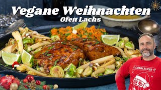 Veganes Weihnachtsessen zum verlieben Ofen quotLachsquot mit Süßkartoffelpüree Gemüse und Orangensoße [upl. by Ahsyekal]