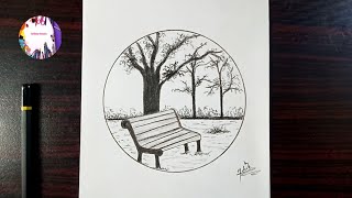 Easy Circle Scenery Drawing  Pencil Drawing In Circle Step by Step  Pencil Sketch [upl. by Jarret]