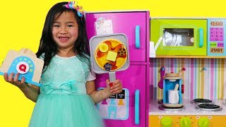 Jannie Pretend Cooks Breakfast with GIANT Colorful Kitchen Toy [upl. by Zakaria850]