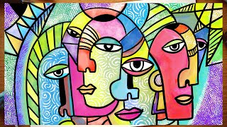 Cubism Picasso inspired Abstract faces  Cubism art lesson for kids  How to draw Cubism faces [upl. by Nor]