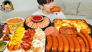 ASMR MUKBANG 직접 만든 대왕 소세지 불닭볶음면 핫도그 쉬림프링 먹방 amp 레시피 FIRE NOODLES AND SAUSAGE EATING SOUND [upl. by Krawczyk]