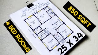 25 x 34 house plan with 4 bed rooms II 25 X 34 ghar ka naksha II 850 sqft house design [upl. by Yenalem605]