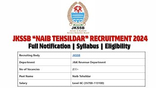 Jkssb Naib Tehsildar Notification 2024  Syllabus amp Eligibility  Jkssb Online Tutorial [upl. by Etram636]