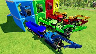 TRANSPORTING COLORED EXCAVATORSCANIA DUMP TRUCK TO GARAGE WITH SCANIA TRUCK [upl. by Aleunam]