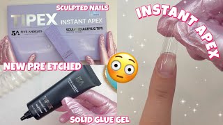 TRYING TIPEX INSTANT APEX NEW PRE ETCHED FULL COVER ACRYLIC NAIL TIPS  SOLID GLUE GEL EXTENSIONS [upl. by Suidualc883]