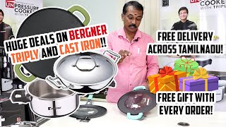 HUGE SALE on Bergner ARGENT Triply Stainless Steel COOKER KADAI and Bergner CAST IRON TAWA [upl. by Ennaerb]