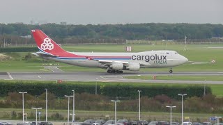 CargoLux B747400 takes off with beautiful quotRROARRquot sound from Schiphol Airport [upl. by Waltner]