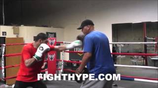 AMIR KHAN WORKS THE MITTS WITH TRAINER VIRGIL HUNTER IN PREPARATION FOR CHRIS ALGIERI [upl. by Nylqcaj]