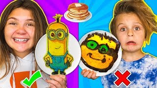 FIRST PANCAKE ART CHALLENGE Making Incredibles 2 Minions Disney Coco Spongebob DIY Pancakes [upl. by Aisak234]