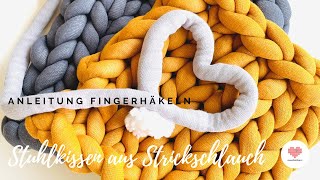 Fingerhäkeln amp Fingerstricken  viereckiges Stuhlkissen aus Strickschlauch [upl. by Galvan]