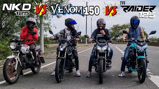 NKD 125 VS VICTORY VENOM 14 VS TVS RAIDER 125 🔥🥵 ¡BATALLA A MU3RT3 DRAG RACE [upl. by Joletta195]