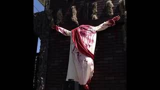 END TIMES SATANIST PUTS UP SATAN DECAPLTATLNG JESUS IN HIS YARD FOR HALLOWEEN [upl. by Muhcon]