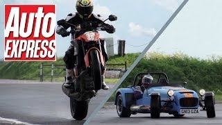 KTM 1290 Super Duke R vs Caterham 620R EPIC car v bike track battle [upl. by Merkley]