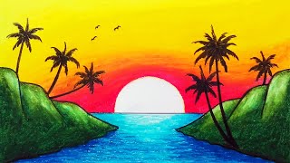 Beautiful Sunset Scenery Drawing with Oil Pastels  How to Draw Easy Scenery Step by Step [upl. by Garson]