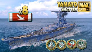 Battleship Yamato 8 ships destroyed on map Shatter  World of Warships [upl. by Eelirak939]