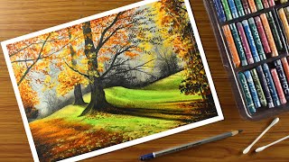 Oil pastel scenery  Step by step tree landscape oil pastel Drawing for beginners [upl. by Nina]