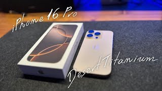 iPhone16Proデザートチタニウムの開封とぺりぺり前のモンスターガラスフィルム貼り [upl. by Adnoryt]