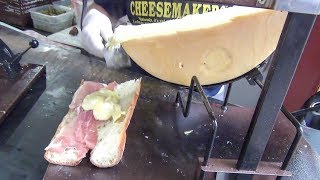 New York Street Food Yummy Swiss Raclette Ham Hot Dog Sausage with Soft Warm Cheese [upl. by Reiko]