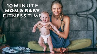 Postnatal Yoga Workout  10 Min Fun Post Pregnancy Fitness With BABY [upl. by Robinette]