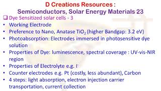 Dye sensitized solar cell 3 properties dye limit Solar Energy Materials 24 D Creations Resources [upl. by Larual]