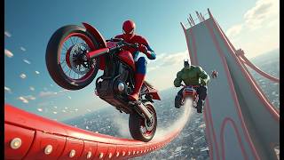 SPIDERMAN HULK BATMAN E FRIENDS Race CARS And MOTORCYCLE NA MEGA RAMP In Gta V [upl. by Niveek]