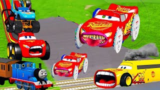 Double Flatbed Trailer Truck vs Spider Man Train vs Superheroes Cars  Tractor vs Train BeamngDrive [upl. by Drofub]