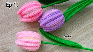 Ep1 Flower🌷Easy Crochet Tulip Flower Tutorial step by step  Crochet Flower Bouquet crochetflower [upl. by Terti]