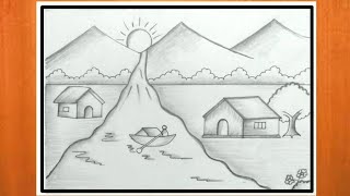 प्राकृतिक दृश्य चित्र बनाना सीखें  How to draw beautiful landscape pencil sketch  pencil drawing [upl. by Havard]