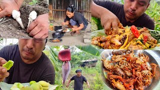 cook and eat wild mushroom and smoked meat  crab fry  eating sour mango and peach  kents vlog [upl. by Inalaehak]