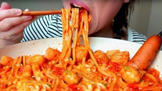 ASMR CHEESY Spicy RICE CAKE Noodles  Corn Dog 🧀🌶🍝 떡볶이 Tteokbokki part 5 [upl. by Plath928]