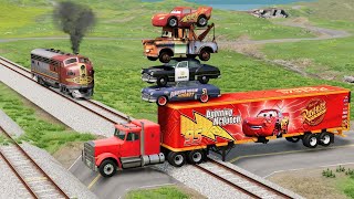 Double Flatbed Trailer Truck vs Speedbumps Train vs Cars Tractor vs Train BeamngDrive [upl. by Crichton]