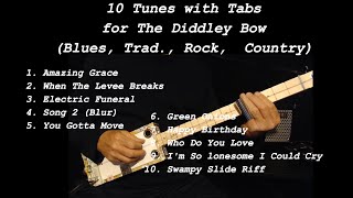 10 Diddley Bow Tunes With Tabs FRETLESS 1 string cigarboxguitarlesson canjo [upl. by Ellener]