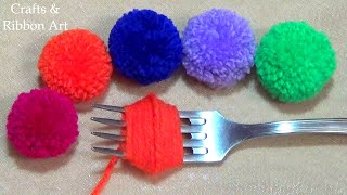 Super Easy Pom Pom Making Ideas with Fork  Hand Embroidery Amazing Trick Easy Woolen Flower Making [upl. by Hurlow]