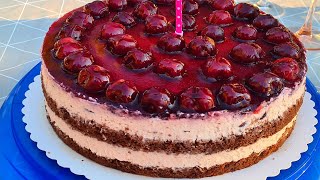 Fruchtige Kirschtorte mit QuarkMascarponecreme und SchokoBiskuitboden  Torte ohne Gelatine [upl. by Arahsat]