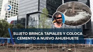 Hombre se mete a Glorieta del Ahuehuete en Reforma y coloca cemento en nuevo árbol [upl. by Bensen]