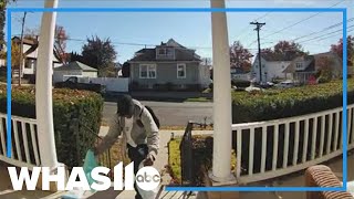 Caught on camera Suspected porch pirate chased down by young women [upl. by Aniaj]