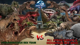 Tyrannosaurus Rex Team vs All Strike Events amp Indominus Rex Boss  Jurassic World Alive [upl. by Eizdnil]