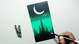 Beautiful HALF MOONLIGHT NIGHT Scenery Drawing  Easy Drawing for Beginners  Oil Pastel Drawing [upl. by Lull]