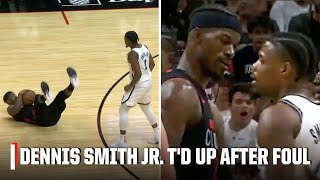 Tensions rise as Jimmy Butler knocked to ground Dennis Smith Jr Td up  NBA on ESPN [upl. by Matelda]