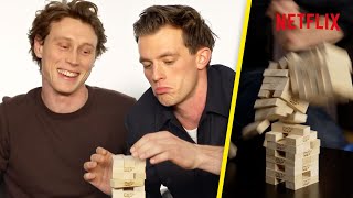 George MacKay  Jannis Niewöhner Play Jenga  Answer Big Questions  Munich  The Edge of War [upl. by Austine]