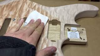 Wetting a Warmoth SoloistStrat body with 5A quilt maple laminate top [upl. by Nanreh]