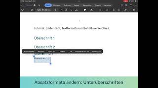 Tutorial Seitenzahl Absatzformate und Inhaltsverzeichnis in Word iPad [upl. by Ahtiek]