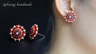 Roselle beaded stud earrings Christmas gift ideas How to make beaded jewelry [upl. by Maryrose145]