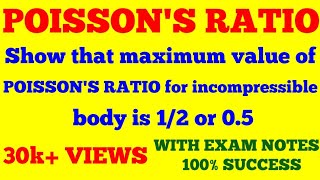 POISSONS RATIO  MAXIMUM VALUE OF POISSONS RATIO FOR INCOMPRESSIBLE BODY IS 12 OR 05  NOTES [upl. by Madelene]