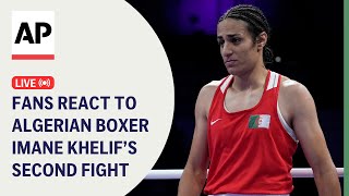 LIVE Fans react to Algerian boxer Imane Khelifs fight at the Paris Olympics [upl. by Pincince]