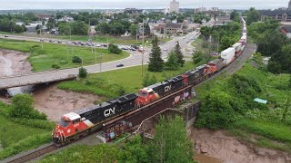 Awesome Aerial 4K View Nice Power Lashup on Stack Train CN 120 wDPU at Moncton NB [upl. by Eeldivad]